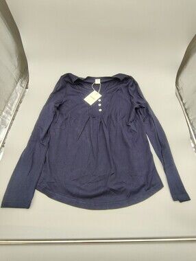 LINTICO Navy Blue Long Sleeve Button Front Pleated Blouse Top S NWT